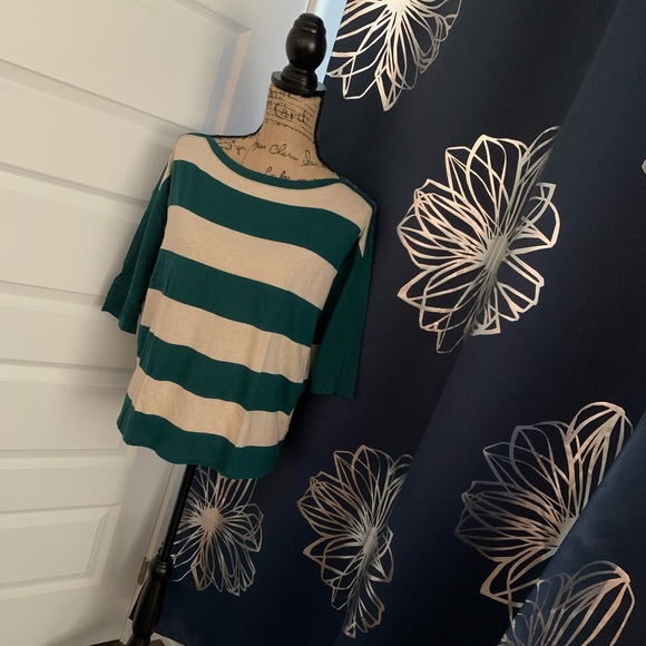 Uniqlo bracelet sleeve top, wide green and off white stripes - Picture 1 of 3